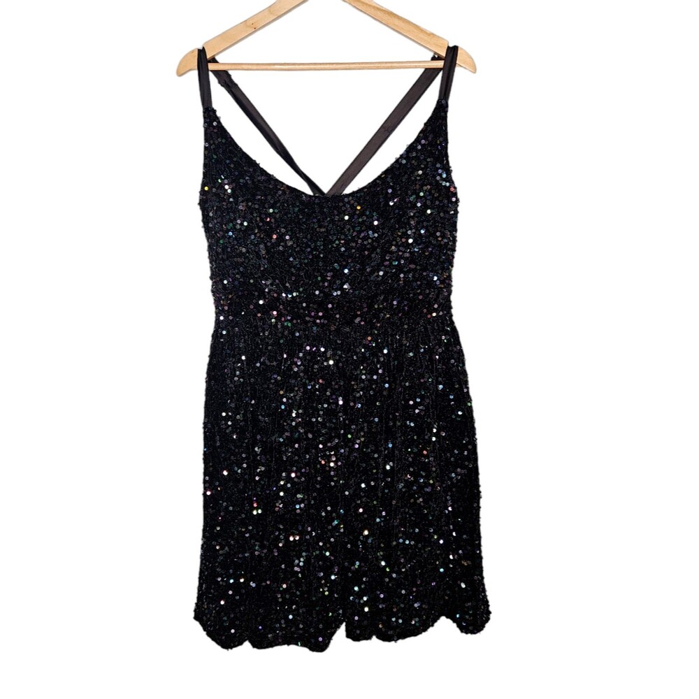 ARULA Sequin Mini Dress Size X Black Babydoll Fit Flare Party Cross Back Lined
